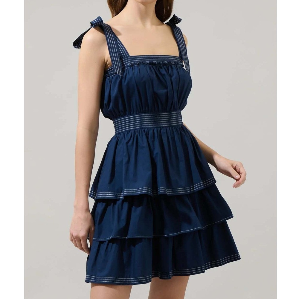 NWT Sugarlips Perley Pam Tiered Ruffle Mini Dress Navy Blue Contrast Stitch XL‎